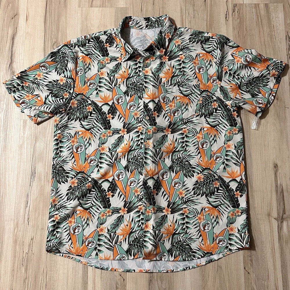 NWOT Buc-ees Floral Hawaiian Button Shirt Men's 2XL Beaver Palm Trees Surfboards